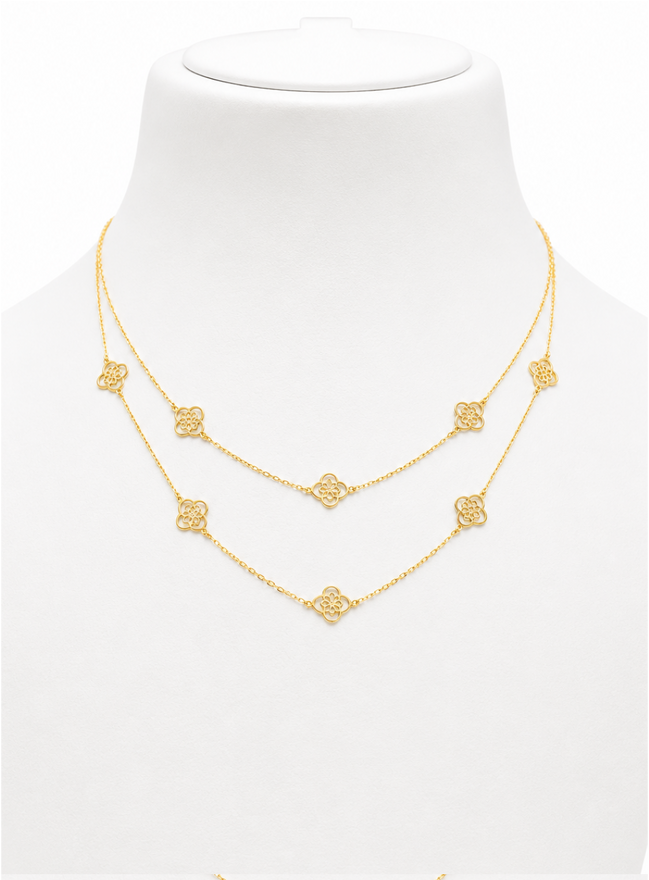 18K Gold Double Layer Floral Necklace.
