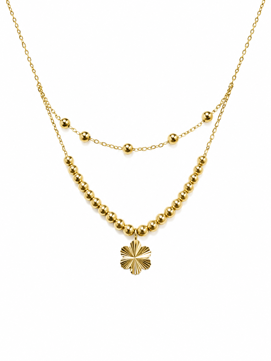 18K Clover Layered Beaded  Necklace.