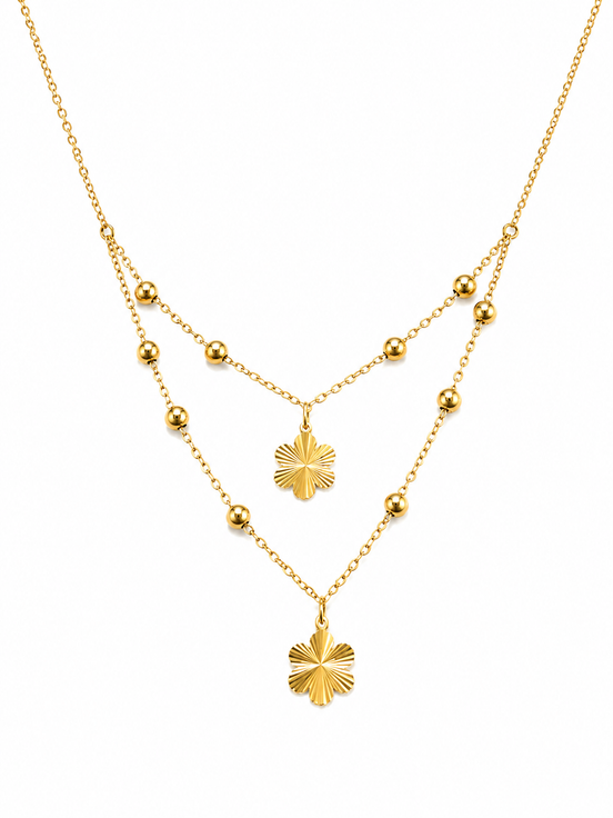 18K Gold Double Layer Clover Charm Necklace for Women.