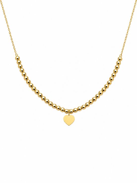 18K Gold Heart Charm Beaded Necklace for Women.