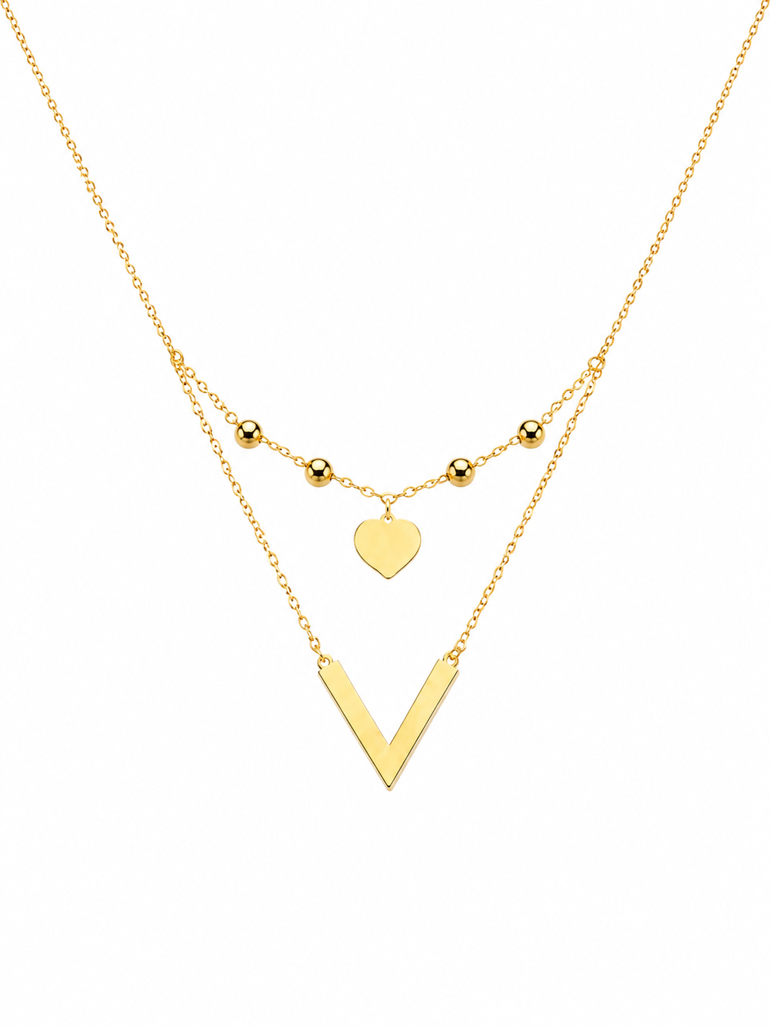 18K Gold Double Layer Heart & V Pendant Necklace for Women.