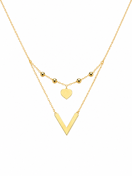 18K Gold Double Layer Heart & V Pendant Necklace for Women.