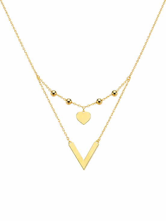 18K Gold Double Layer Heart & V Pendant Necklace for Women.