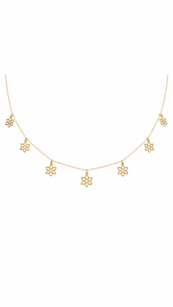 18K Gold Floral Charm Station Necklace for Women.