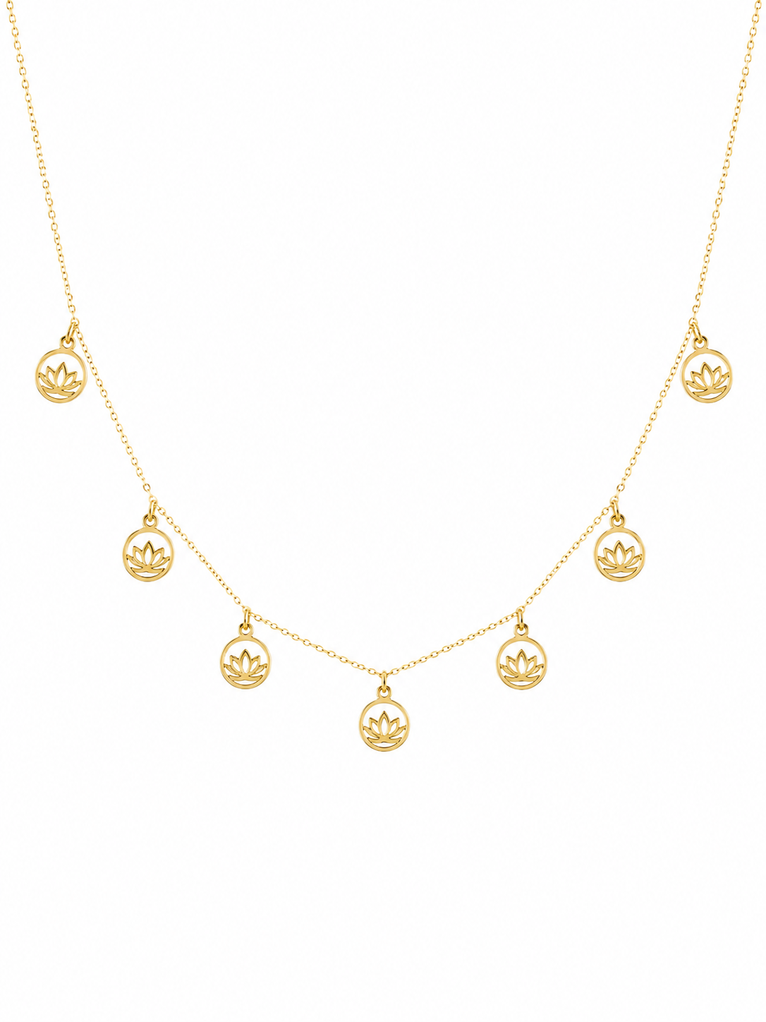 18K Gold Lotus Charm Station Necklace.