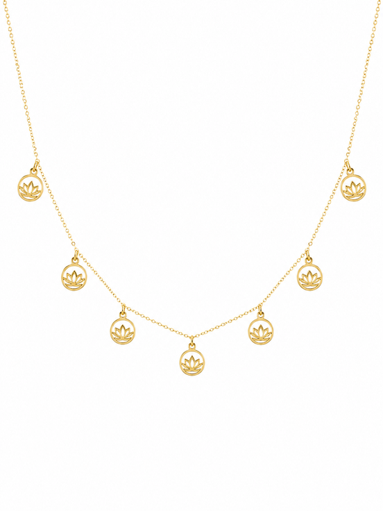 18K Gold Lotus Charm Station Necklace.