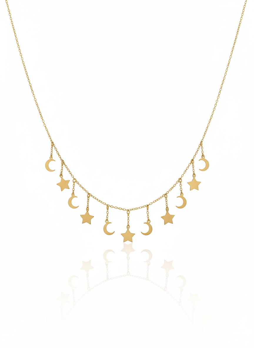 18k Gold Necklace Moon & Star