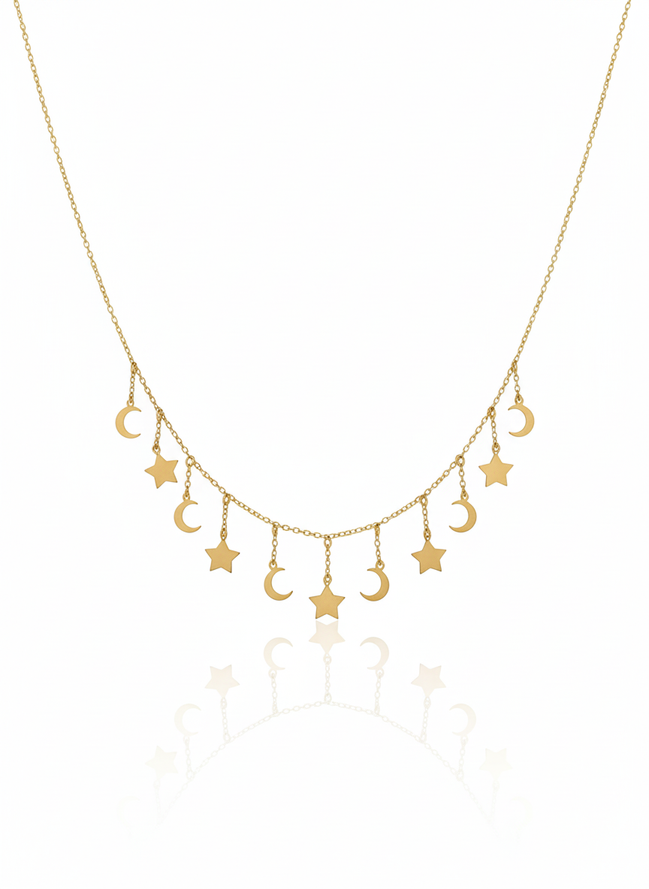 18k Gold Necklace Moon & Star