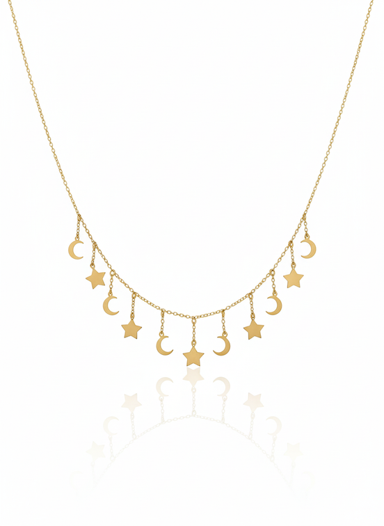 18k Gold Necklace Moon & Star