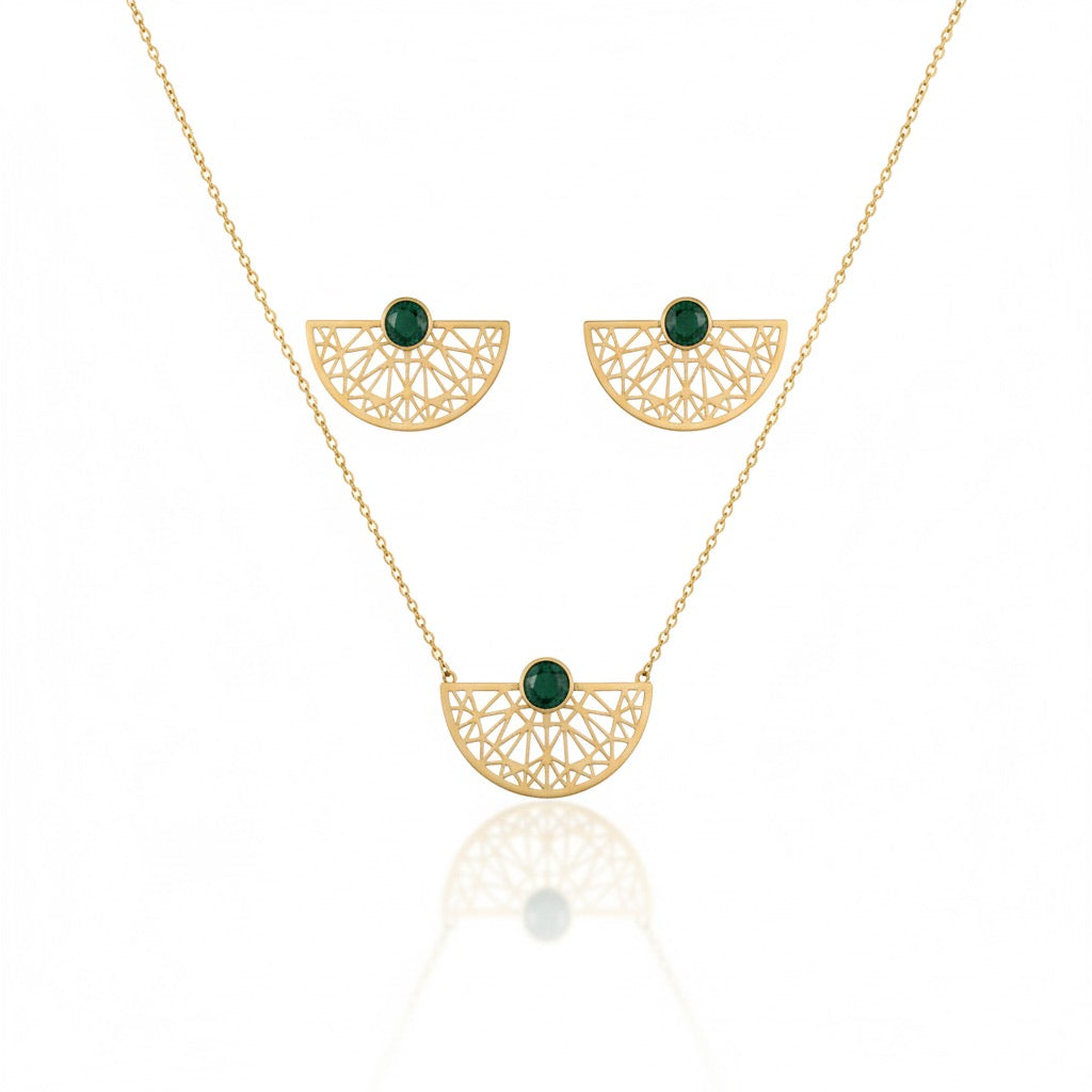18K Gold Set with Malachite Stone – Geometric Green Elegance