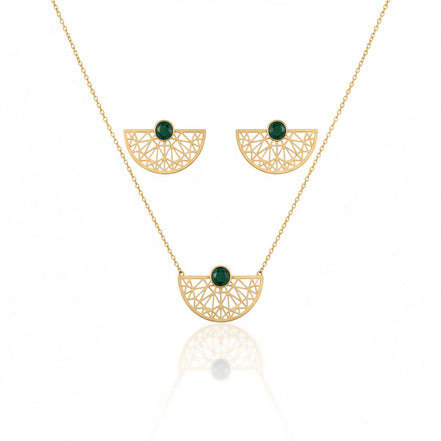 18K Gold Set with Malachite Stone – Geometric Green Elegance