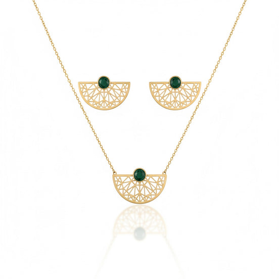 18K Gold Set with Malachite Stone – Geometric Green Elegance