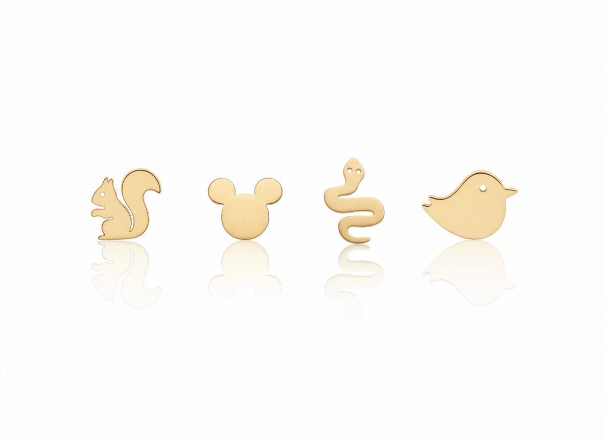 18K Gold Mix Design Stud Earrings – Playful Animal Collection