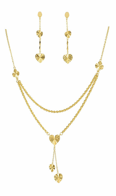 18K Gold Layered Heart Pendant Necklace Set with Matching Drop Earrings.