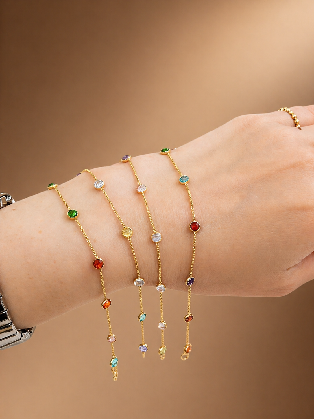 18K Gold Multicolor Bezel-Set Gemstone Bracelet Single Piece.