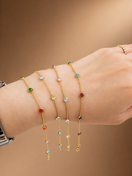 18K Gold Multicolor Bezel-Set Gemstone Bracelet Single Piece.