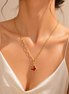 18K Gold Clover Pendant Necklace with Red Enamel – Elegant Paperclip Chain Lucky Charm Jewelry for Women