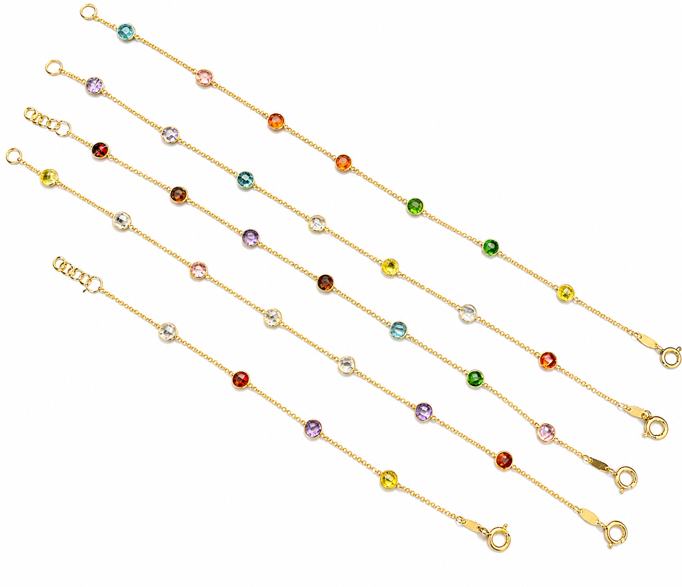 18K Gold Multicolor Bezel-Set Gemstone Bracelet Single Piece.