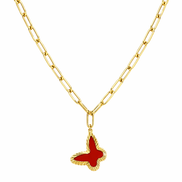 18K Gold Clover Pendant Necklace with Red Enamel – Elegant Paperclip Chain Lucky Charm Jewelry for Women