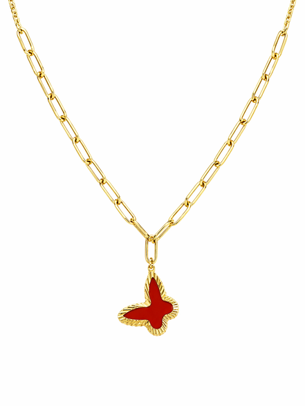 18K Gold Clover Pendant Necklace with Red Enamel – Elegant Paperclip Chain Lucky Charm Jewelry for Women