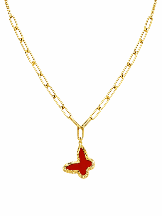 18K Gold Clover Pendant Necklace with Red Enamel – Elegant Paperclip Chain Lucky Charm Jewelry for Women