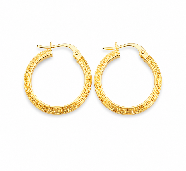 18K Gold Greek Key Hoop Earrings for Women.