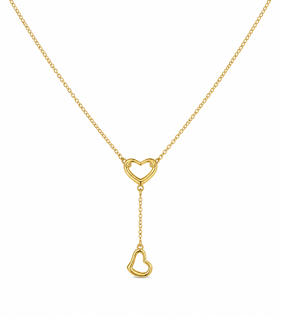 18K Gold Double Heart Drop Necklace for Women.