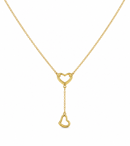 18K Gold Double Heart Drop Necklace for Women.