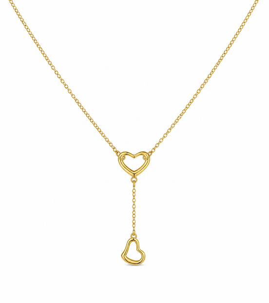18K Gold Double Heart Drop Necklace for Women.