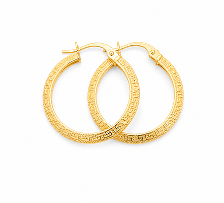 18K Gold Greek Key Hoop Earrings for Women.