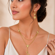 18K Gold Layered Heart Pendant Necklace Set with Matching Drop Earrings.