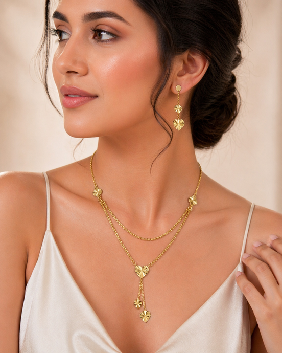 18K Gold Layered Heart Pendant Necklace Set with Matching Drop Earrings.