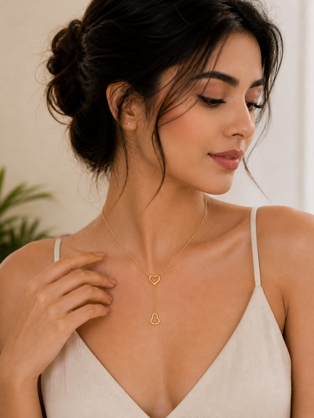 18K Gold Double Heart Drop Necklace for Women.