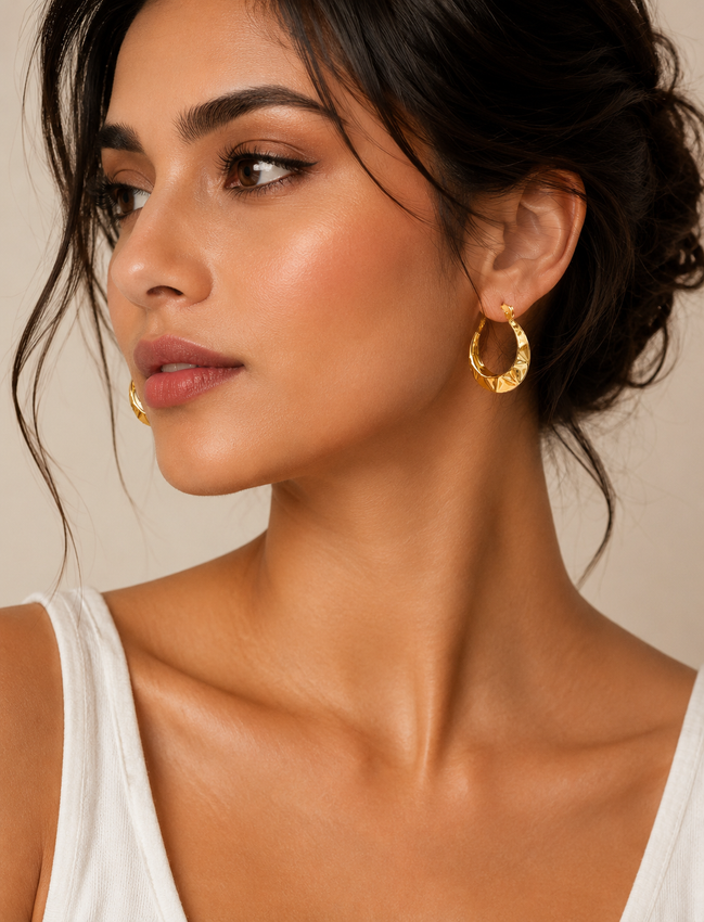 18K Gold Textured Hoop Earrings for Women.