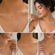 18K Gold Double Heart Drop Necklace for Women.
