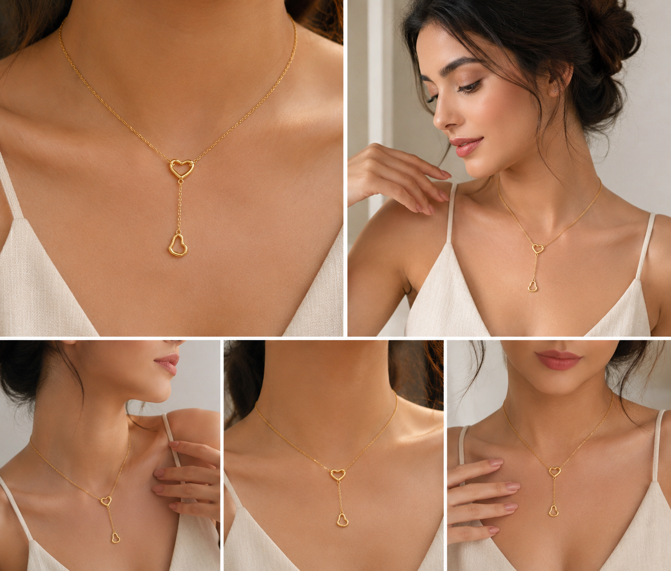 18K Gold Double Heart Drop Necklace for Women.