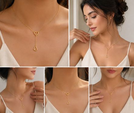 18K Gold Double Heart Drop Necklace for Women.